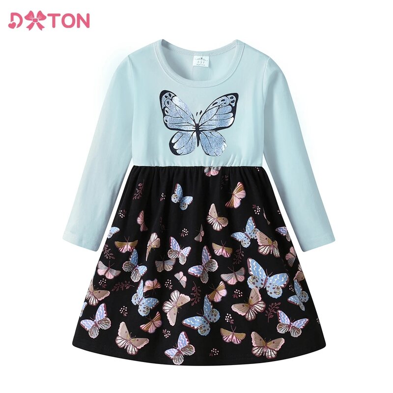 DXTON ชุดเดรสสำหรับสาวฤดูใบไม้ร่วงฤดูใบไม้ผลิผ้าฝ้ายสำหรับเด็กเสื้อผ้าสาวผีเสื้อพิมพ์ชุดลำลองเด็กชุดแขนยาว