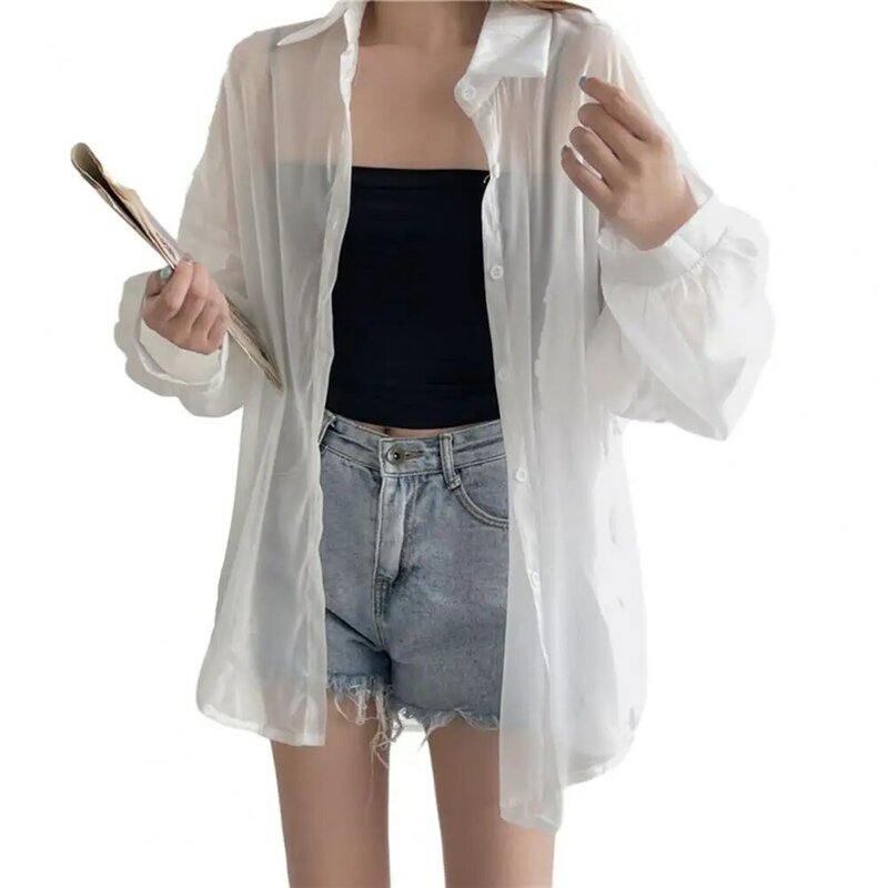 Blusas finas e transparentes femininas, camisa de protetor solar feminina, camisas soltas casuais femininas, roupas azuis, casaco de verão, 2024