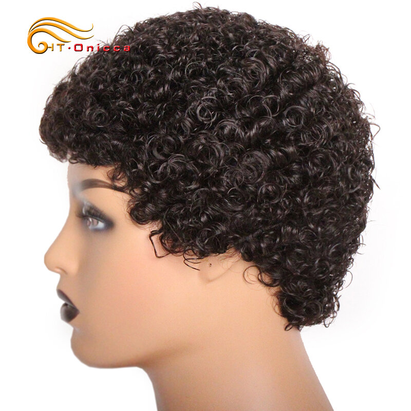 黒人女性のための短い自然な巻き毛のかつら,ブラジルの人間の髪の毛,ピクシーカット,接着剤なし