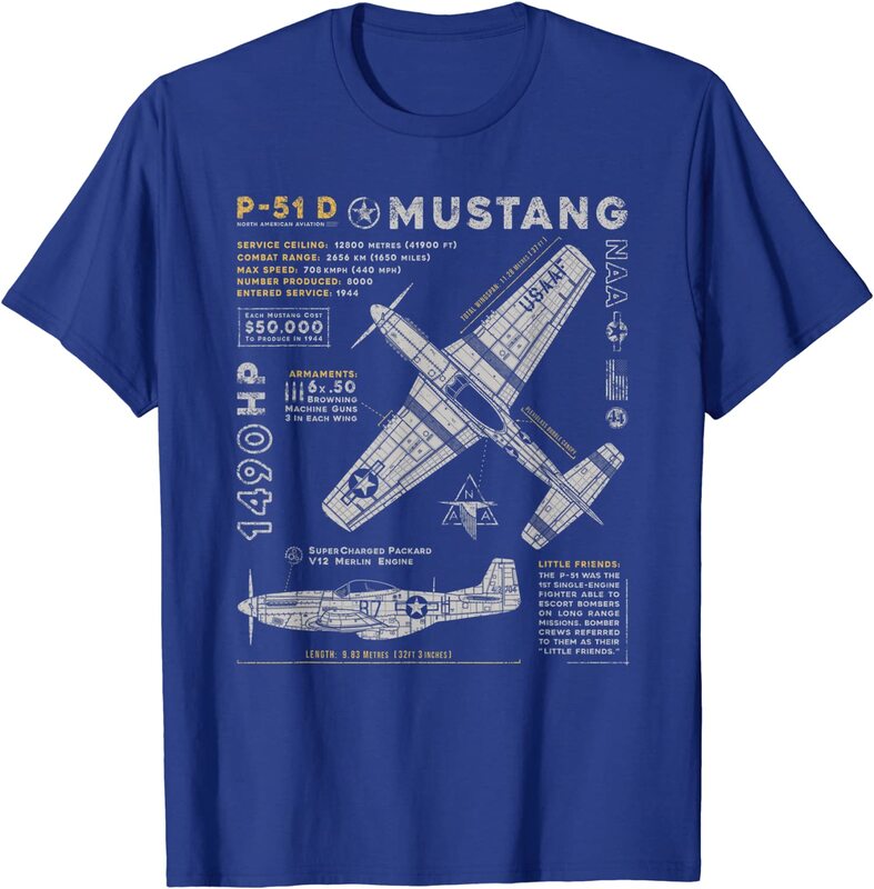 Camiseta vintage norte-americana de aviação masculina, P-51, mustang, avião de combate, manga curta casual, gola redonda, roupa nova