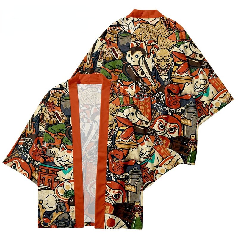 Cardigan Kimono Noir pour Homme et Femme, Veste à Imprimé de Carpe Ondulée Japonaise Haori, Vêtements Traditionnels