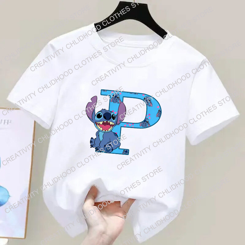 T-shirt Stitch Anime pour enfants, haut pour fille et garçon, vêtements décontractés, lettres A, B, C, D, nom BLOKawaii, dessins animés