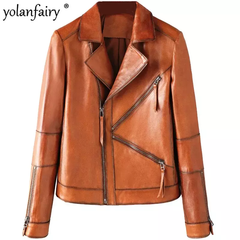 Jaket kulit asli wanita 2023 mantel kulit domba alami musim gugur baru untuk jaket sepeda motor wanita pakaian kulit asli trendi FC
