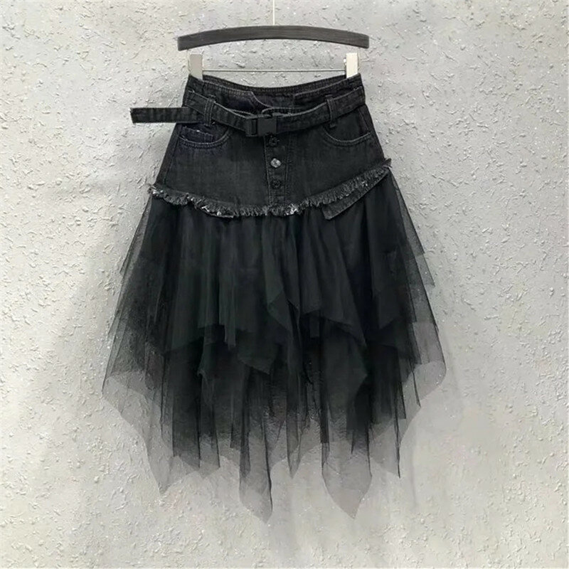 Faldas Mujer Moda 2022 Gradient สีสูงแยก Denim กระโปรงผู้หญิงแฟชั่น Streetwear สูงเอว Mid-Calf A Line กระโปรงหญิง