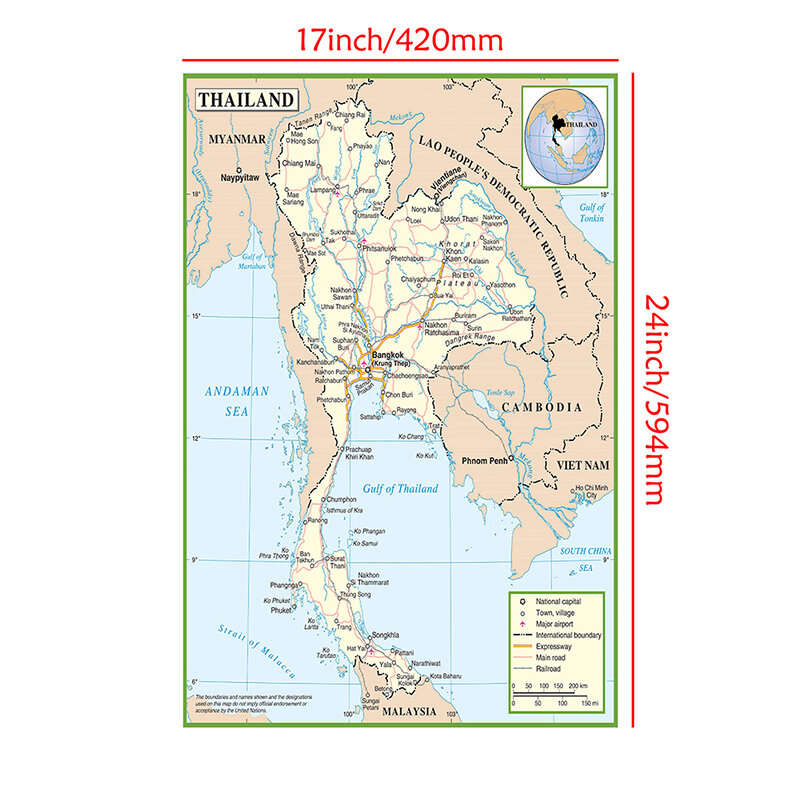 Mapa de la administración de Tailandia, lienzo de pintura de pared, póster decorativo e impresión, decoración del hogar, suministros de enseñanza escolar, 42x59cm