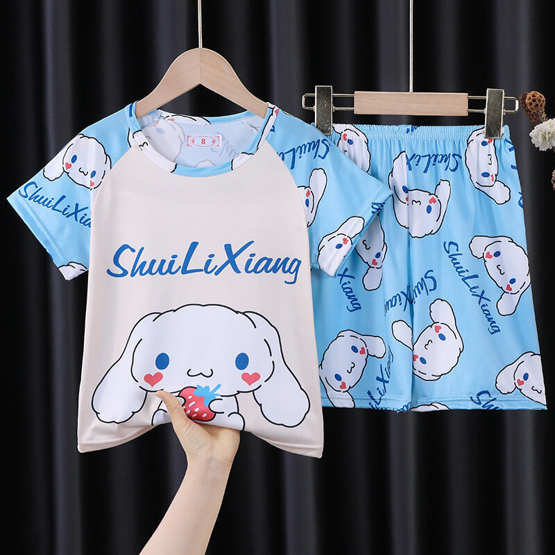 Sanrioed Hello Kittys Kids Short Sleeve Pajamas Kuromi Cinnamoroll Boy Girl Cute Short Sleeve Shorts Loungewear Summer Sleepwear