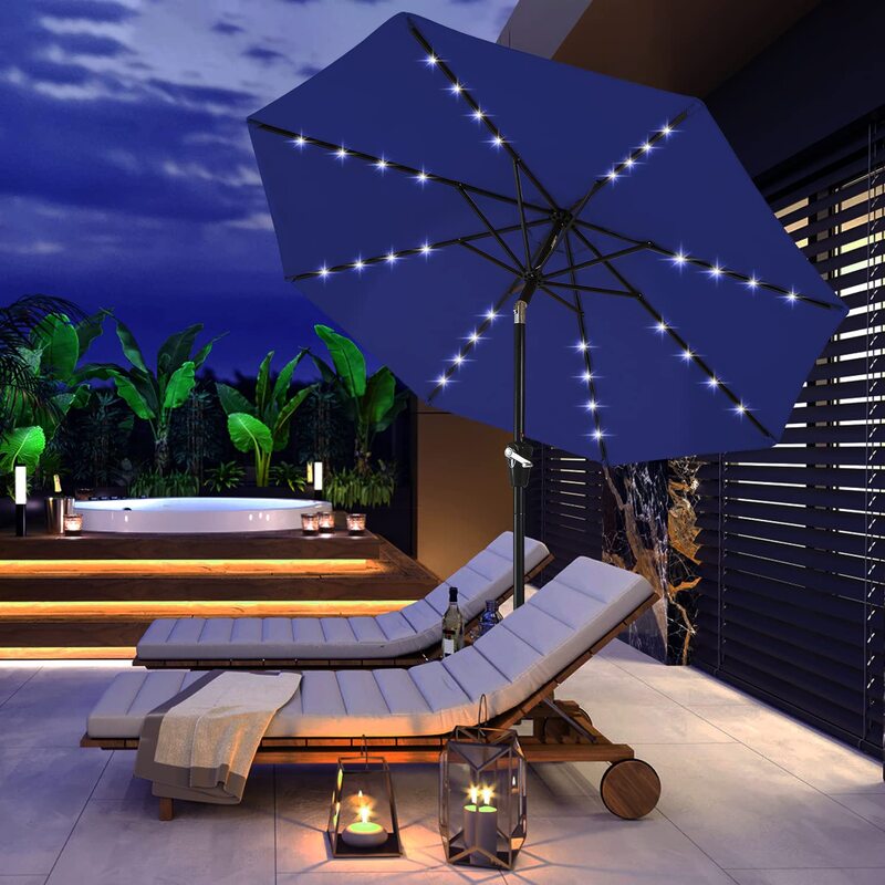 Durable Solar Led Patio Umbrellas with 32LED Lights 9FT (Blue)