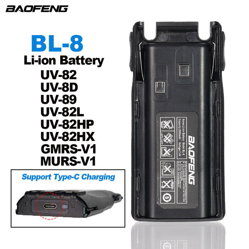 BAOFENG-Baterias Walkie Talkie, Suporte Atualizado, Carregamento Tipo-C, 2800mAh, BL-8, Ajuste para UV82, UV-8D, UV-89, UV-82HP, XP, Novo