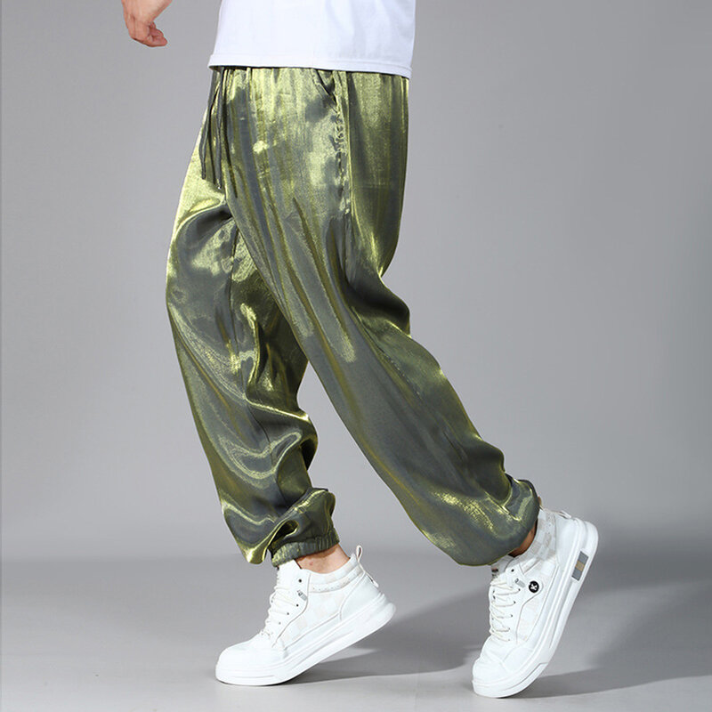 Celana joger กางเกงแฟชั่น12XL ขนาดใหญ่พิเศษสำหรับผู้ชายกางเกงวิ่งเอวยางยืดเรียบสะท้อนแสงทรงลำลองขนาดใหญ่
