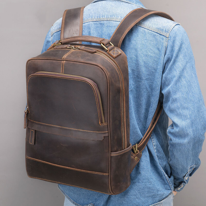 Прямая поставка, кожаный винтажный рюкзак для мужчин, мужской дорожный рюкзак crazy horse, Мужская школьная сумка формата A4 14 дюймов
