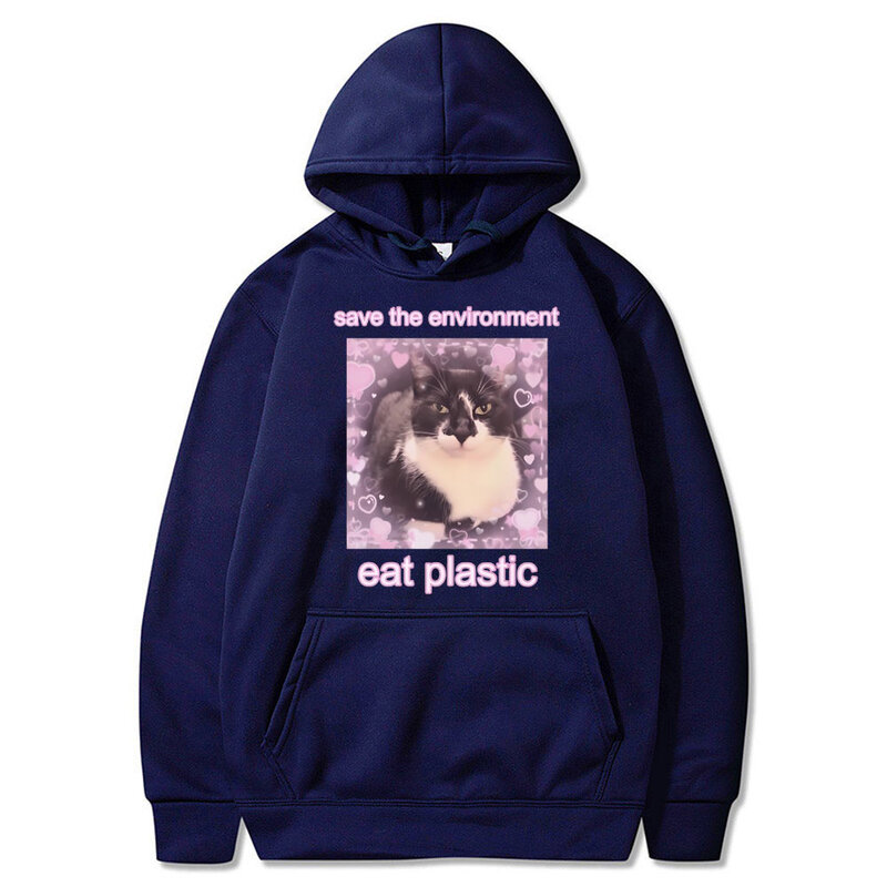 Grappig Behalve Het Milieu Eten Plastic Kat Meme Hoodie Heren Dames Kattenliefhebber Oversized Hoodies Unisex Fleece Katoenen Sweatshirt
