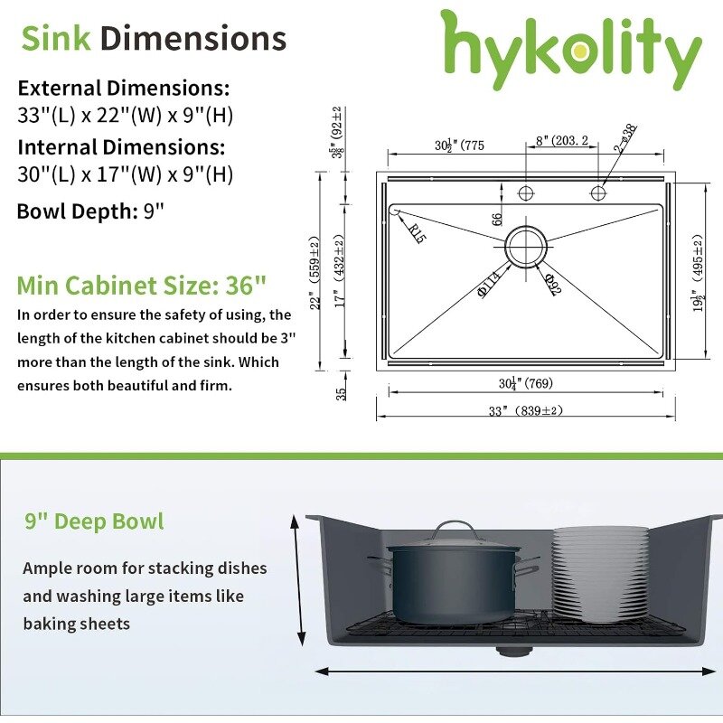 Hykolity-حوض مطبخ مع مصفاة وشبكة سفلية ، فولاذ مقاوم للصدأ ذو فتحتين ، Topmount ، 33 "، وعاء واحد