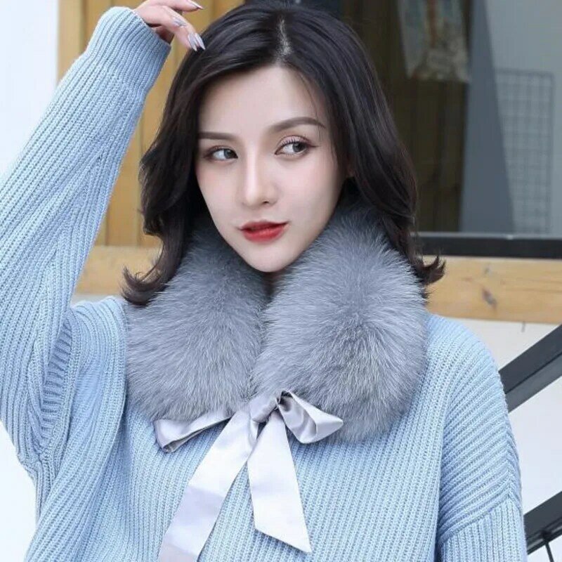 Fox Fur Collar Natural Fur Hood For Coat Fashion Warm Scarves Multicolor Shawl For Woman  Furry Warm Black Scarf Decoration