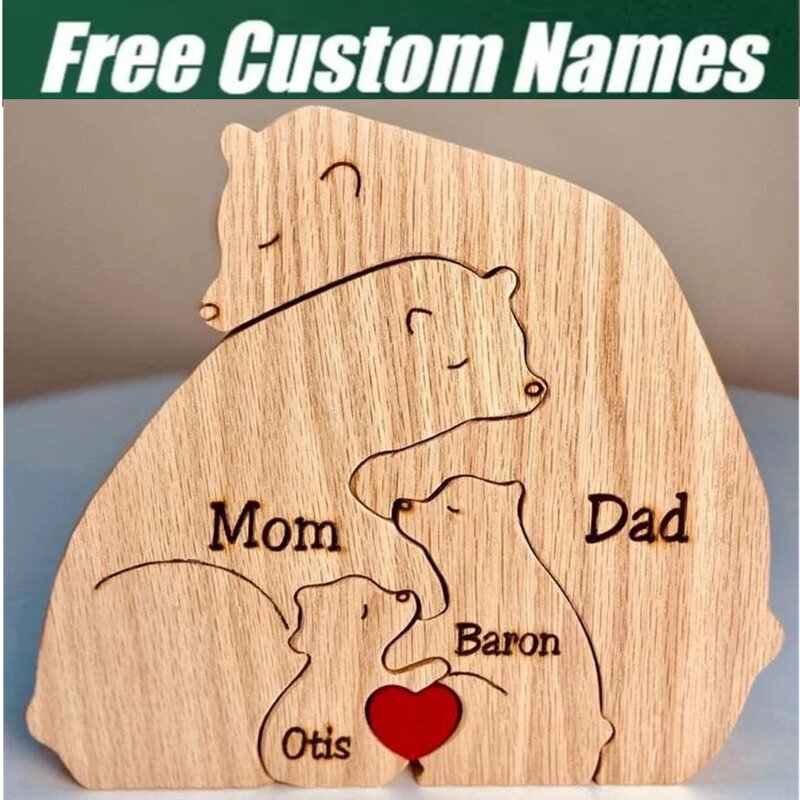 Animal Family Ornaments DIY Wood Carving Free Engraving Custom Name Figurines Home Bear Elephant Puzzle Mother's Birthday Gift