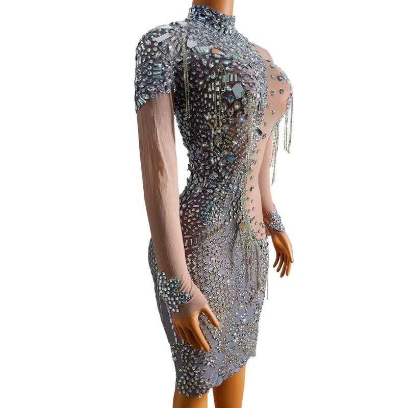 Блестящее серебряное зеркало, Сетчатое платье, сексуальный костюм на день рождения с бахромой, костюм для ночного клуба, шоу, наряд дахан