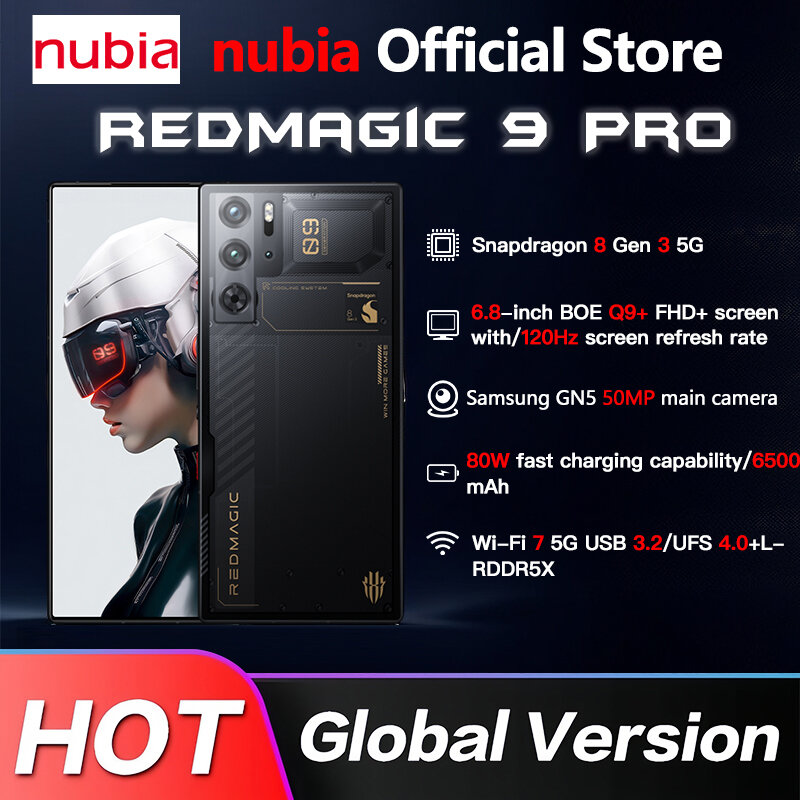 글로벌 버전 RedMagic 9 Pro 5G 휴대폰, 6.8 인치 Q9 + Full Flat FHD + 게임용 휴대폰, Snapdragon 8 Gen 3 6500mAh 80W 충전, 50MP NFC