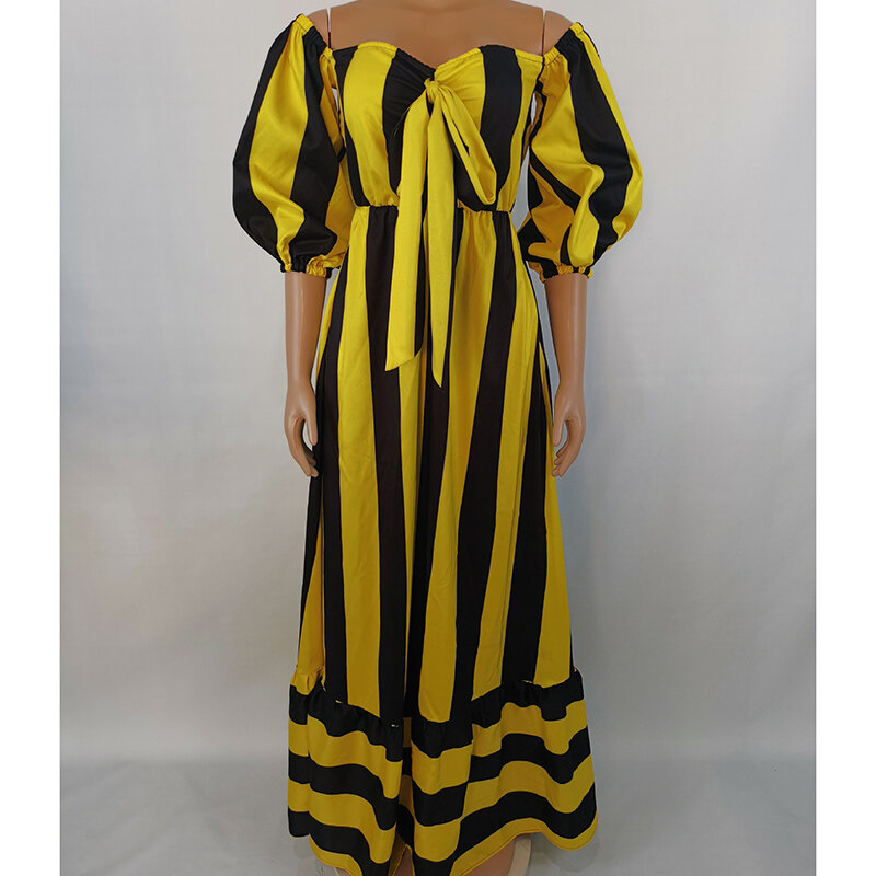 African Maxi Dress Women Strapless Puff Sleeve Ruffle Splice Robe Summer New Striped Print Sexy Beach Holiday Long African Dress