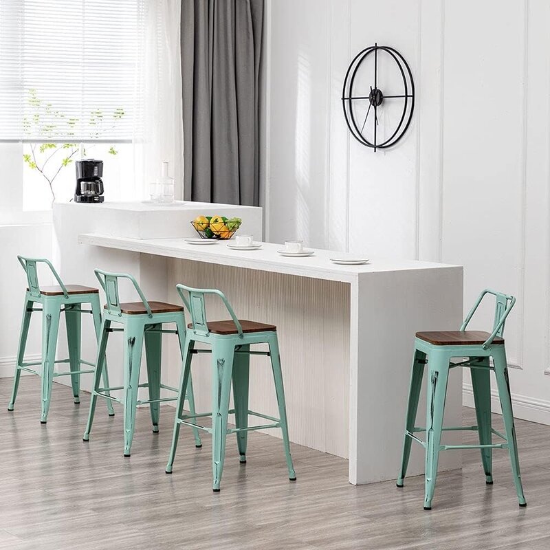 Andeworld Bar Stools Set of 4 Counter Height Stools Industrial Metal Barstools with Wooden Seats(30 Inch, Distressed Green Blue)