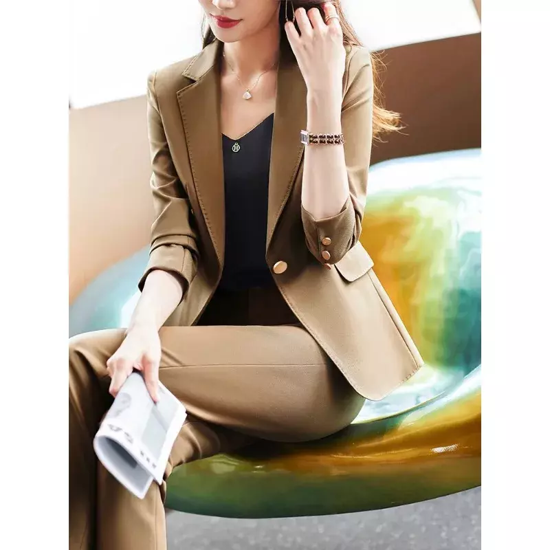 Traje de pantalón de alta calidad para mujer, ropa de trabajo Formal de negocios, conjunto de 2 piezas, chaqueta y pantalón, color Beige, caqui y negro
