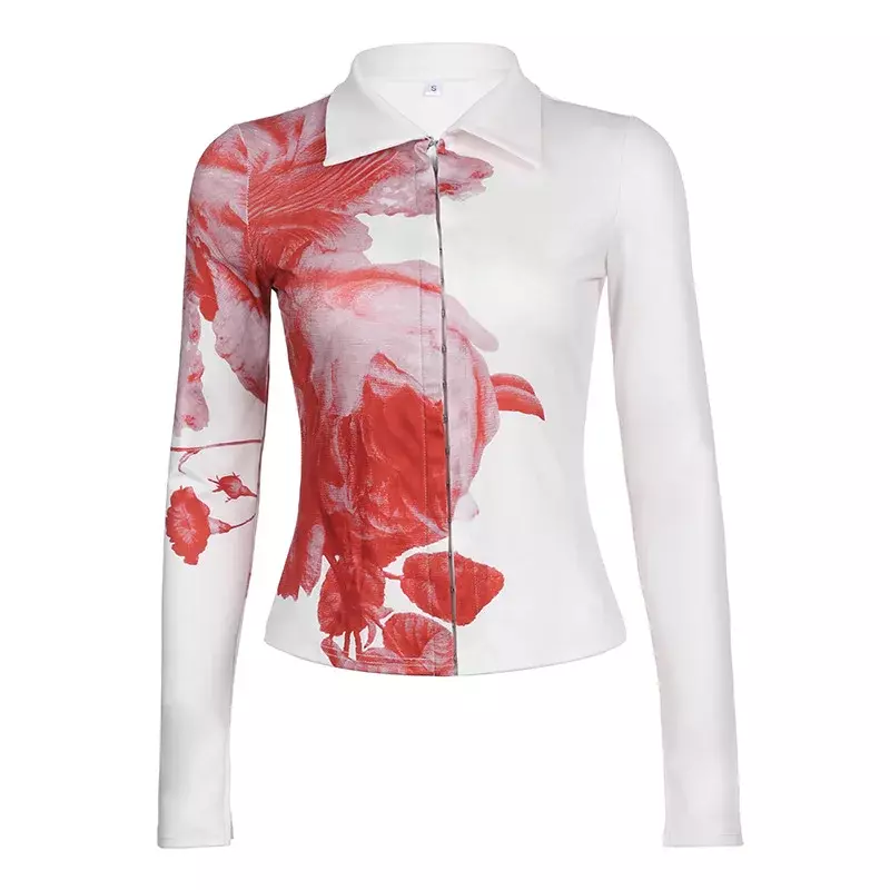 Женская Асимметричная блузка в стиле Харадзюку, винтажная пикантная рубашка с принтом в стиле Tie Dye Y2k, Повседневный Кардиган с отложным воротником и длинным рукавом, топ с разрезом, 2023