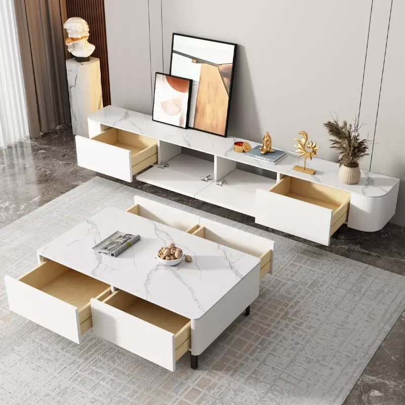 Deska kamienna szafka telewizyjna z litego drewna i stolik do herbaty podłoga w pomieszczeniu dzienny z stojak na TV nogami