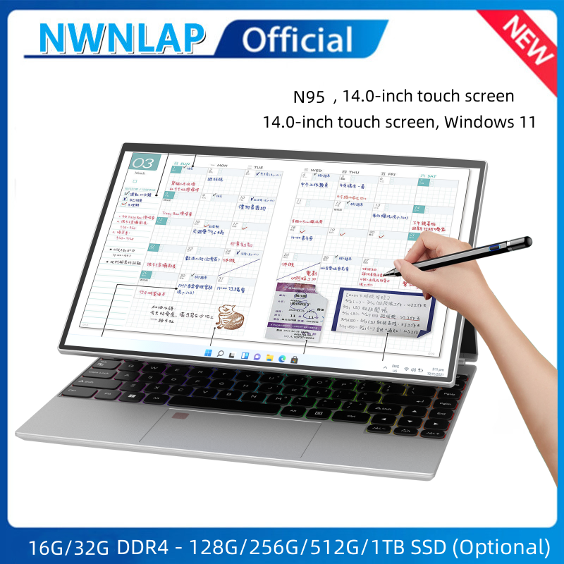 Laptop N95 bisnis kantor, notebook komputer layar sentuh IPS 14 inci 16G 512GB SSD RGB Keyboard WINDOWS 11 ID Sentuh
