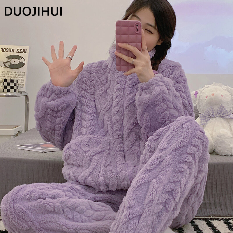 DUOJIHUI Chic Zipper Pure Color Flannel Loose Pajamas for Women Winter Thick Warm Simple Fashion Long Sleeve Female Pajamas Sets
