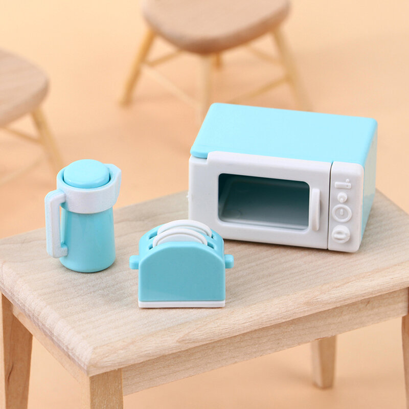 1 1:12ตุ๊กตาของเล่น Mini ไมโครเวฟเครื่องทำขนมปังกาต้มน้ำชุดเครื่องครัวของเล่น Miniature Home Kitchen อุปกรณ์เสริม