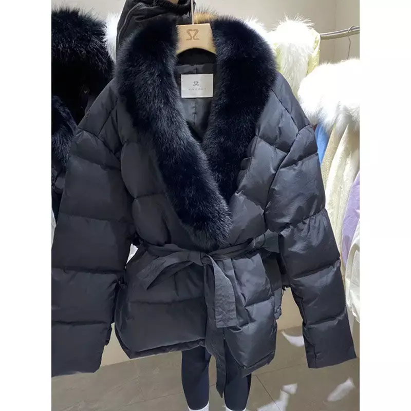 女性用ベルト付きダウンコート,ファーカラー,冬用コート,コットンパーカー,黒と白,アウター,2021