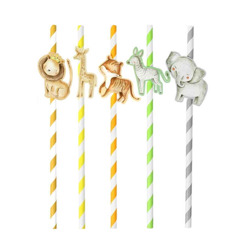 6 Pcs Animal Paper Drinking Straw Lion Tiger Jungle Birthday Party Forset Safari Party Supplies Kid Wild Birthday Decoration