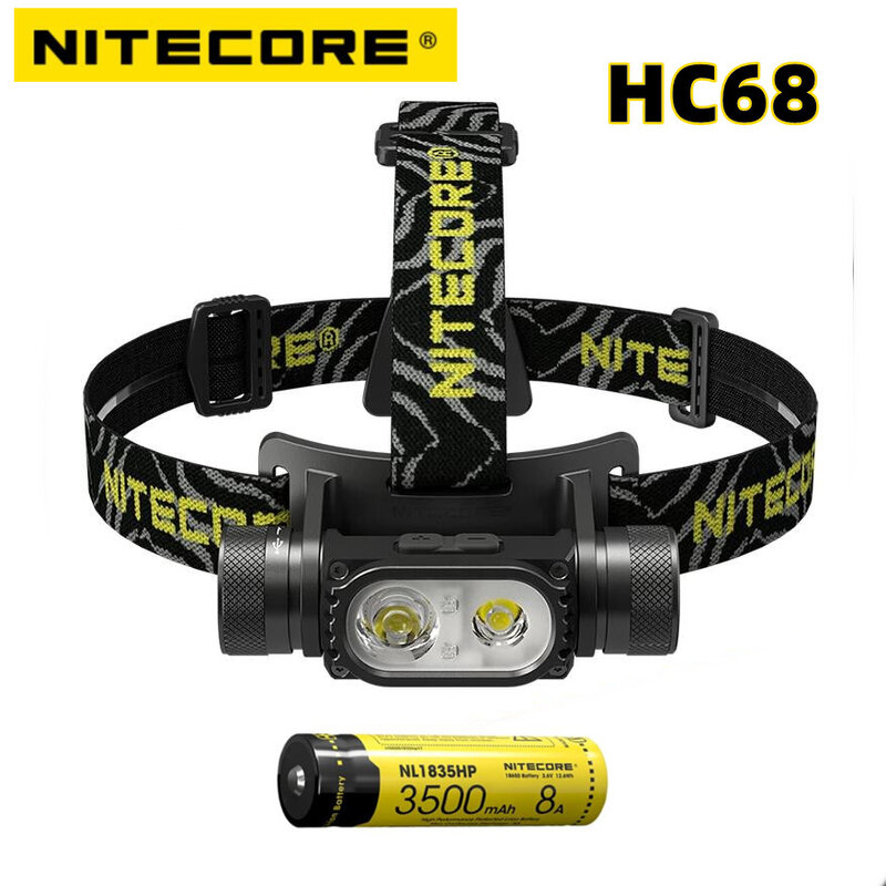 Nitecore-HC68 High Performance Dual Beam Light Source, farol recarregável E-foco, 2000Lumens, Outdoor Camping Farol
