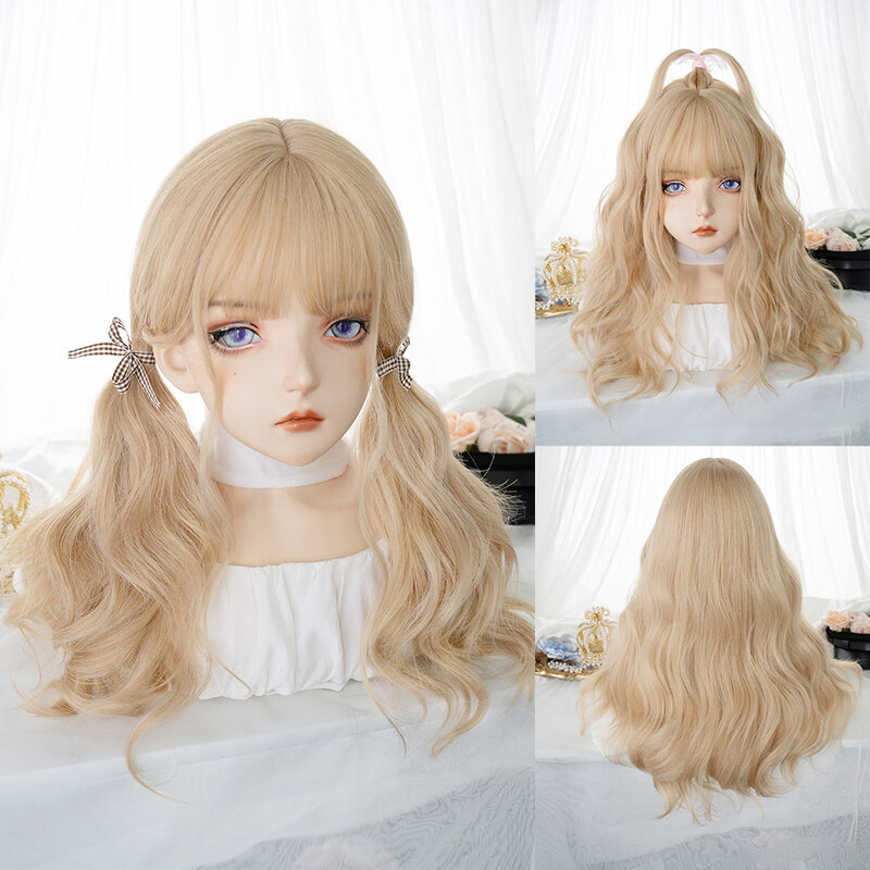 24Inch Blonde Gold Color Synthetic Wigs With Bang Long Natural Wavy Hair Wig For Women Daily Cosplay Party Heat Resistant Lolita