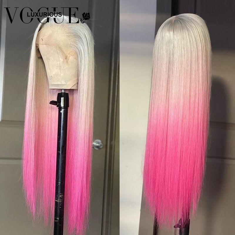 Glueless Ombre Pink Straight Human Hair Wigs PrePlucked Platinum HD Lace Frontal Wigs Natural Hairline Brazilian Remy Hair Wigs