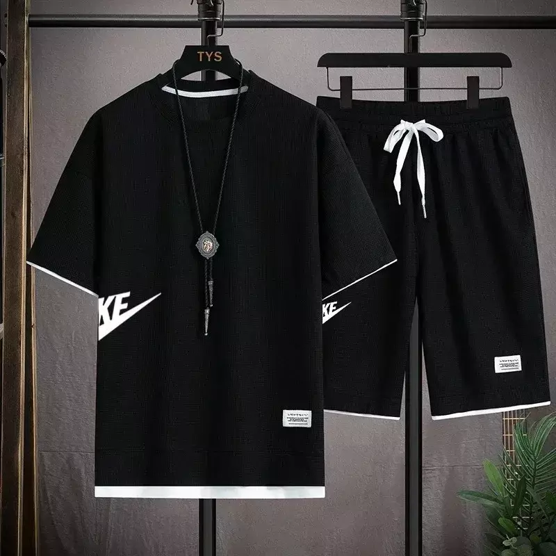 Корейская мужская спортивная одежда, футболка с коротким рукавом и спортивные шорты, искусственная кожа, костюм для бега
