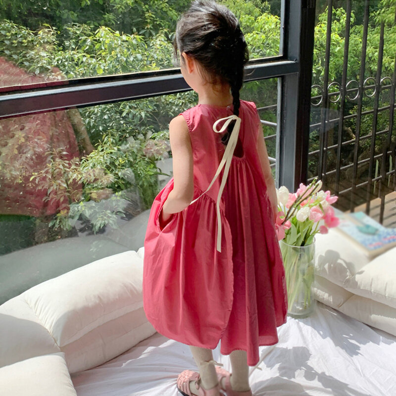 Princesa vestido para meninas, vestido de festa inchado, estilo coreano, design com babados, pele-friendly, altura do joelho, verão