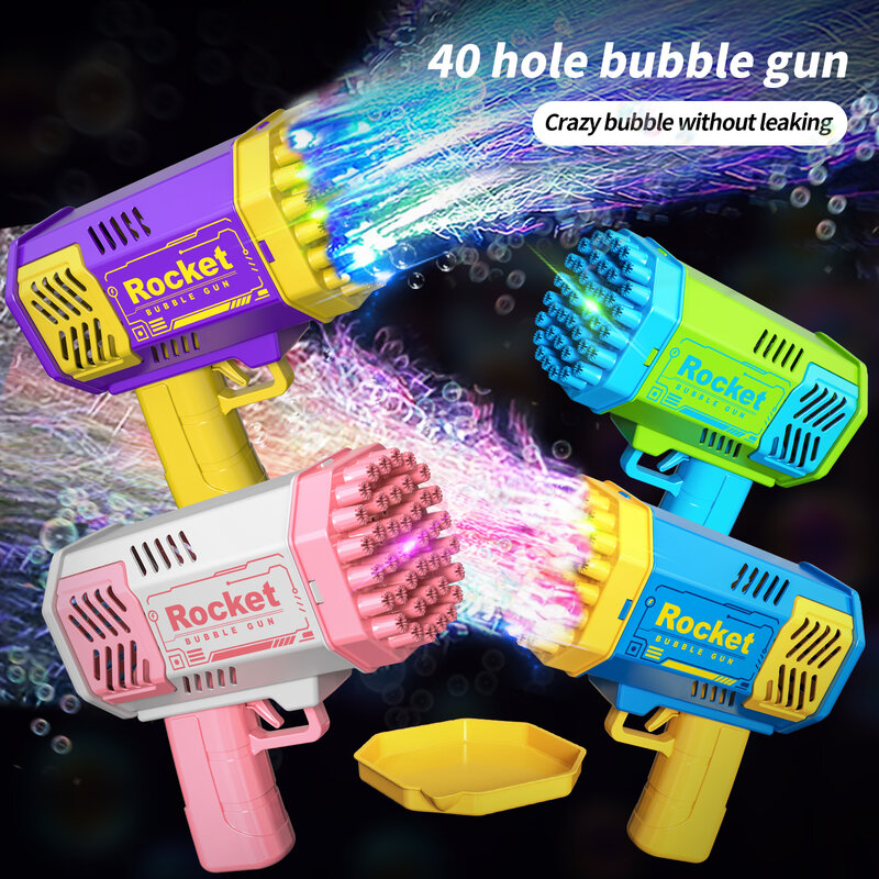 Lanzador de cohete portátil para niños, pistola de burbujas eléctrica automática, luz LED, 40 agujeros, un paquete
