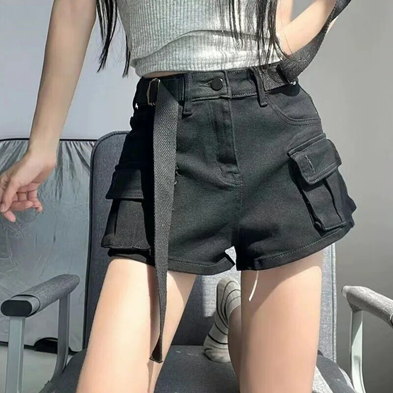 Y2K High Waist Denim Shorts Women Fashion Korean Big Pocket Cargo Shorts Female Streetwear A-Line Wide Leg Jean Short Pants