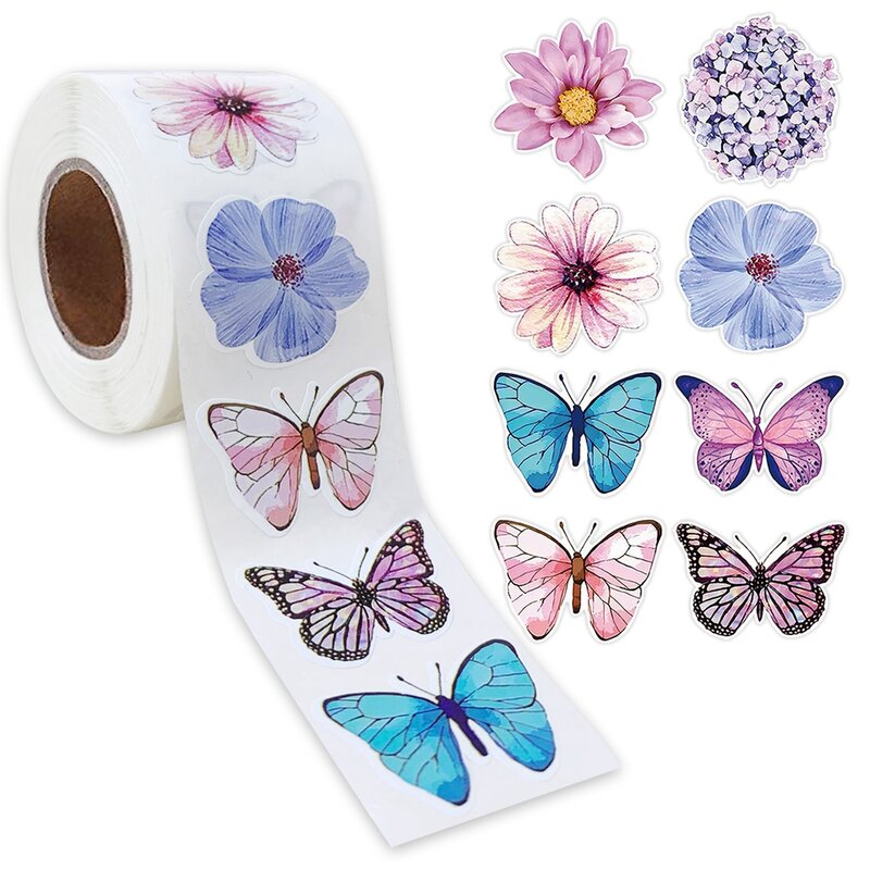 Rollos de pegatinas de mariposa y flores para decoración de fiestas, adhesivos coloridos de 1 pulgada, 8 diseños, bonitos, para álbum de recortes, 500 piezas