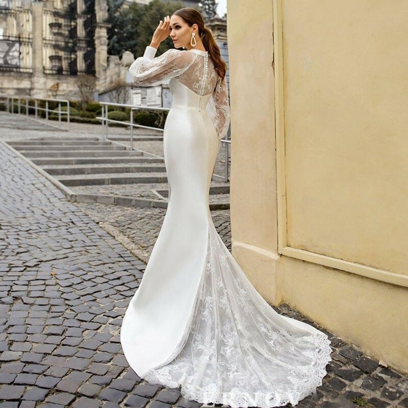 Elegant Long Lantern Sleeve Lace Satin Mermaid Wedding Dress 2024 O-Neck Beach Bridal Gown With Bow Vestido De Novia Sweep Train