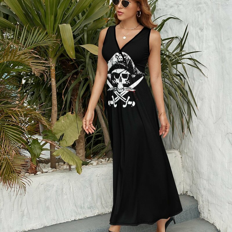 Vestido sem mangas com bandeira pirata para mulheres, vestidos piratas, estilo coreano, longo, verão