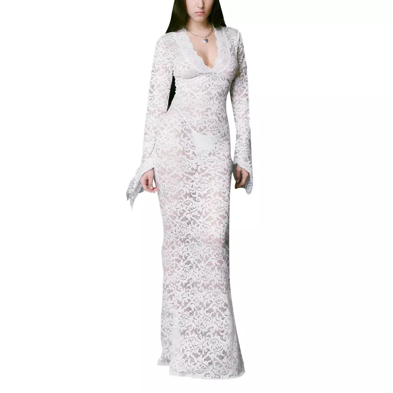 Women Long Fitted Dress Long Sleeve V Neck See-though Evening Dress Lace Floral Party Dress