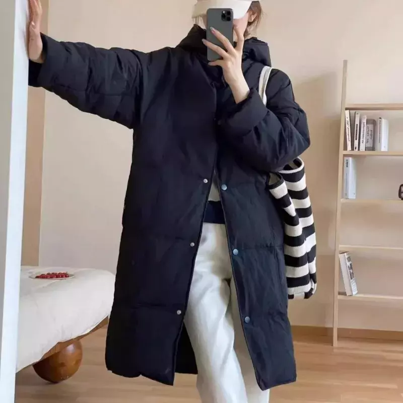 Jaqueta feminina solta de comprimento médio com capuz, casaco de inverno, sobretudo versátil, parkas grossos, outwear quente, versão, novo, 2022