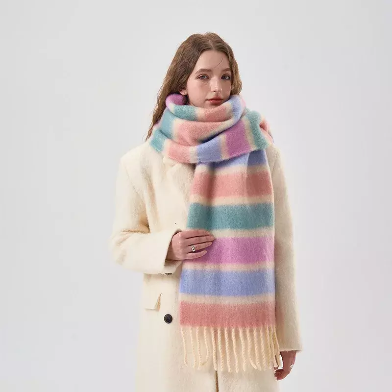 Tassel Scarf Colorful Rainbow Mohair Striped Fashion Couple Neckband Kawaii Winter Warm Thickened Cashmere Scarf Accessories