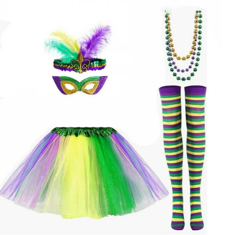 Conjunto de traje de carnaval para mulheres e meninas, saia tutu, meia máscara de penas artificiais, miçangas, meias longas, 7 peças