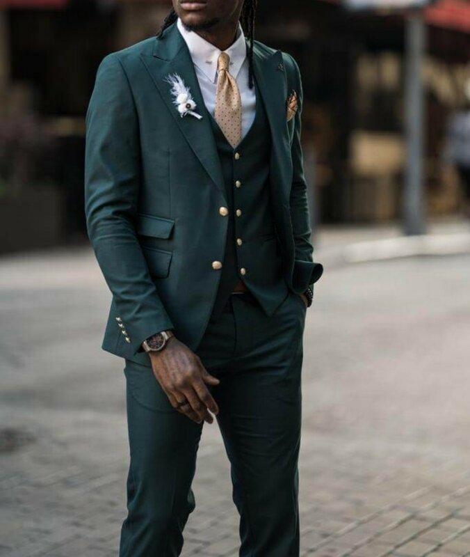 Traje de Boda Verde ajustado para hombre, conjunto de 3 piezas de chaqueta + Pantalones + Chaleco con solapa de pico y bolsillos dobles para verano