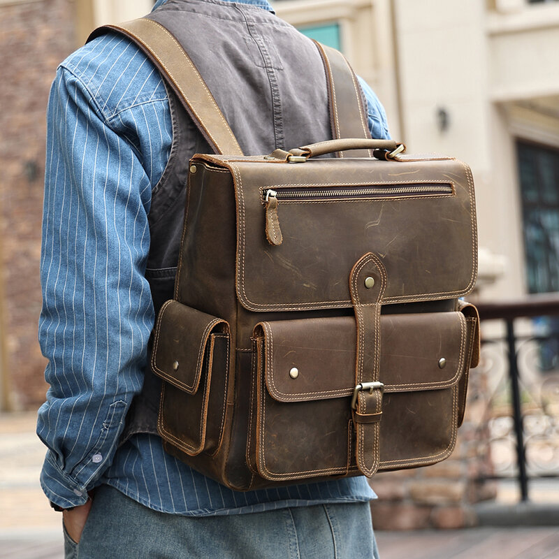 Bolsa de ombro de couro vintage masculina bolsa para computador couro de cavalo louco de grande capacidade mochila de viagem para negócios
