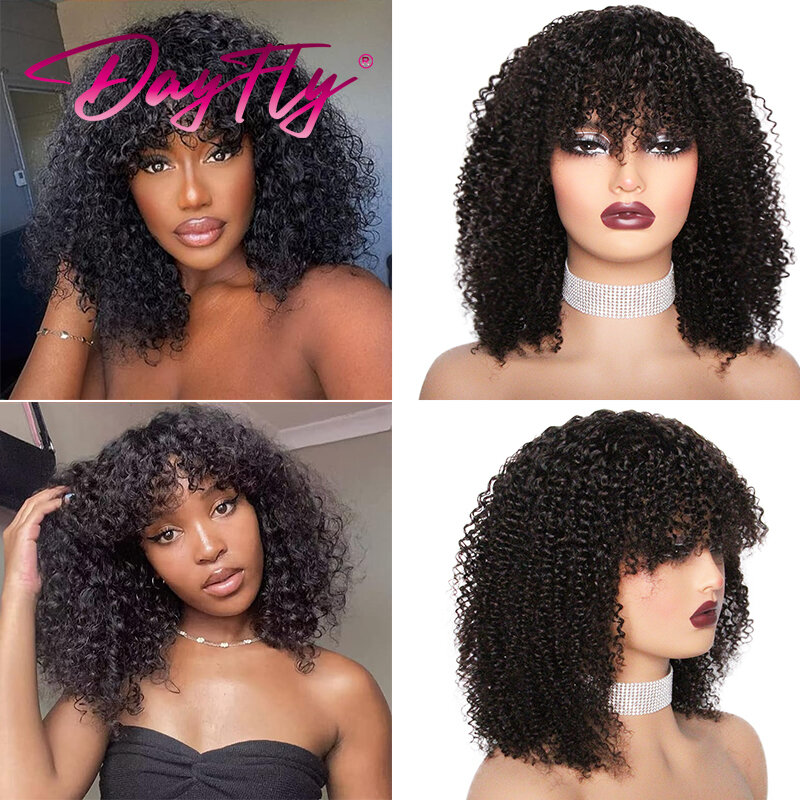 Curly Human Hair Wig with Bangs Short Jerry Curly Wig for Women Indian Hair Curly Bob Wig Full Machine Made Glueless No Lace Wig