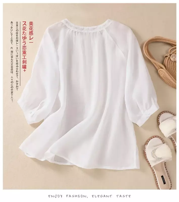 YCMYUNYAN-Blusas femininas bordadas vintage estilo chinês, linho de algodão, tops com o pescoço, soltas, roupas de verão