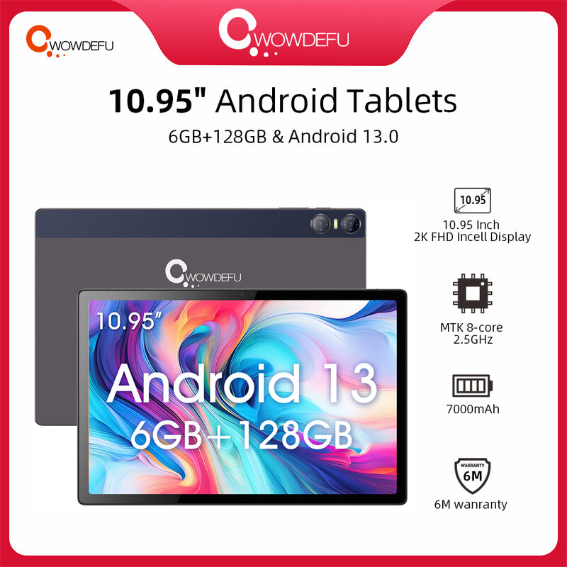 CWOWDEFU-Tablette PC Android 13, FHD Incell, écran 2K, MTK8AVI Octa Core, 6 Go, 2024 Go, batterie 128 mAh, appareil photo 13MP, GPS, 11 pouces, 7000