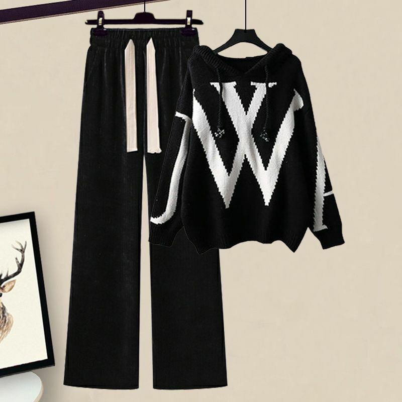 Conjunto de dos piezas de forro polar para mujer, suéter con cintura envuelta, pantalones de pierna ancha ajustados, invierno, 2023